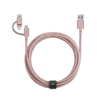 Native Union Belt Cable Universal - 6.5ft Ultra-Strong Reinforced [Apple MFi Certified] Durable Charging Cable with 3-in-1 Adaptor for Lightning, USB-C and Micro-USB Devices (Rose)